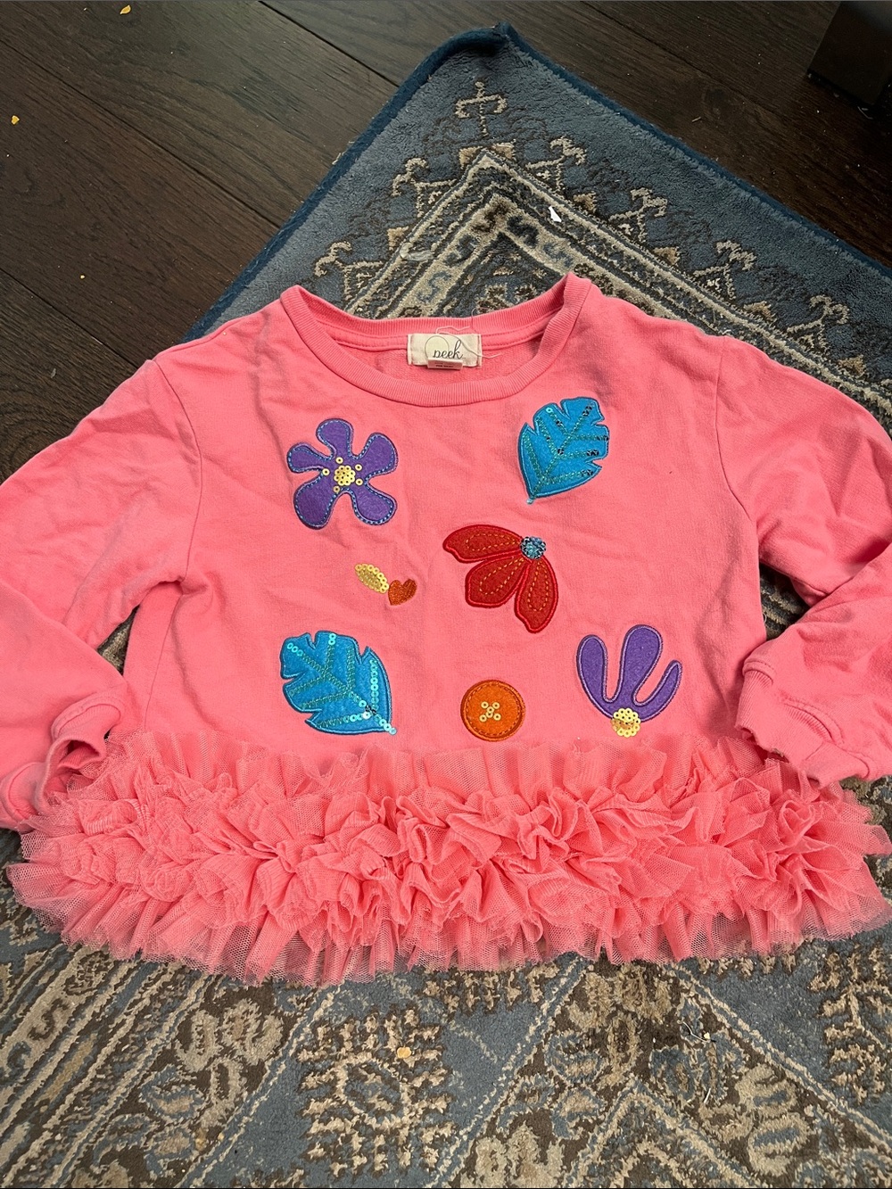 Peek Pink Floral Appliqué Ruffle Sweatshirt